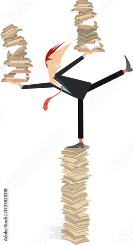 Businessman. Student. Scientist. Big pile of papers.
Happy businessman, student or scientist with papers and books in both hands balances on the big pile of papers. Isolated on white background
