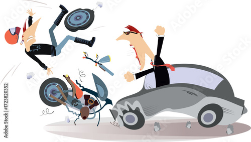 Traffic accident. Motorcycle and car accident.
Collisions with car. Automobile knocking down man riding on motorcycle. Road collision with car and motorcycle involved
