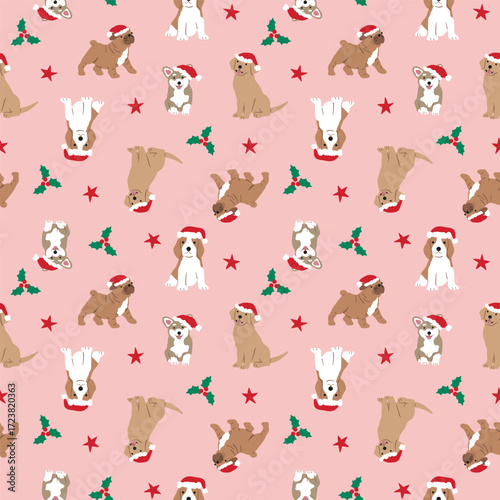 Cute Christmas seamless pattern with cartoon dogs in Santa hats. Festive holiday background with Golden Retriever, Bulldog, and Spaniel pets for festive wrapping paper and fabric.