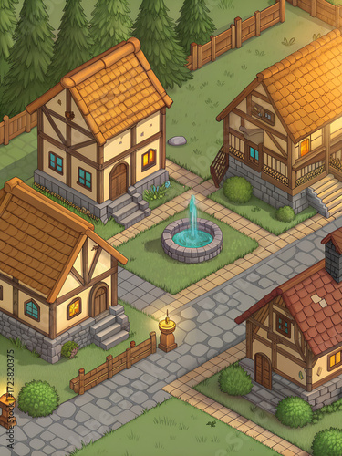 Cartoon medieval village with timber houses, stone paths, and a small fountain