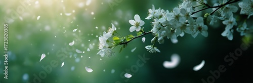 Blossoming Cherry Tree Branch Surrounded by Drifting Petals in Springtime Light