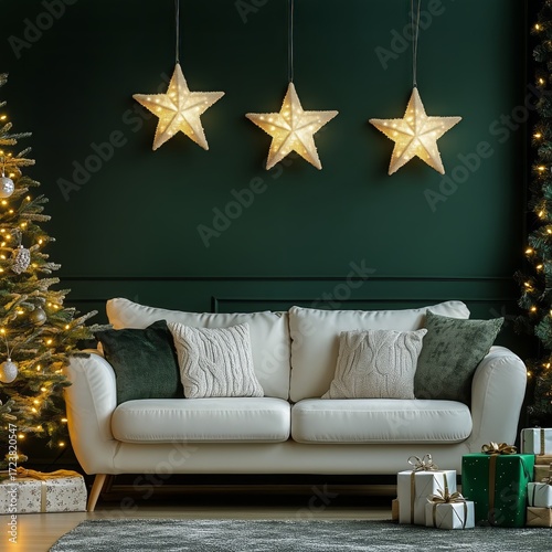 Cozy Christmas Living Room Decorated With Star Lights and a Tree in the Evening