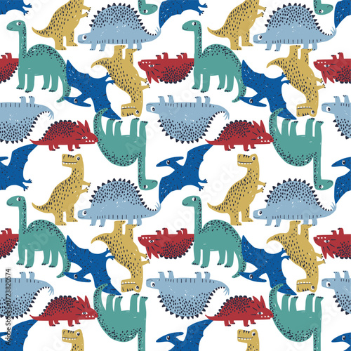 Cute dinosaur seamless pattern for kids. Playful cartoon dino background with T-Rex, Brachiosaurus, and Pterodactyl for boys' fabric, nursery wallpaper, and children's apparel.