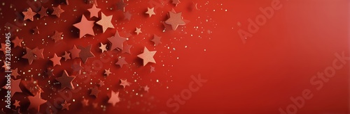 Red Background With Scattered Golden and Red Stars Creating a Festive Atmosph...