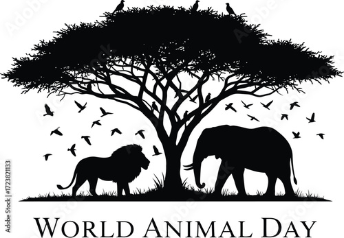 Vector illustration of lion, elephant, tree, and birds for World Animal Day