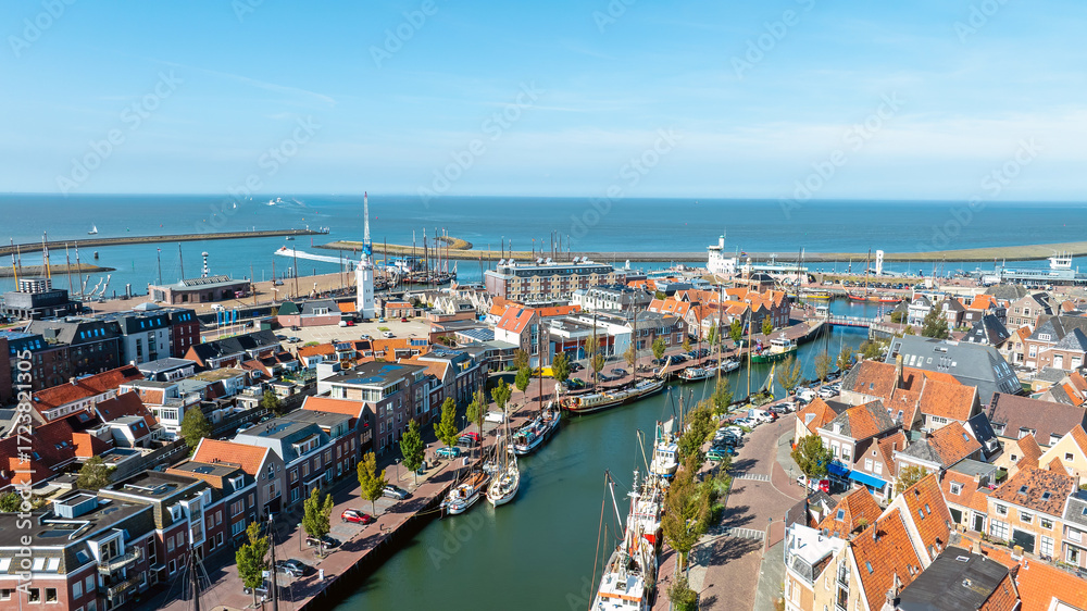 Obraz premium Aerial from the historical city Harlingen at the Wadden Sea in the Netherlands