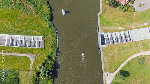 Tableau sur toile Aerial topshot from aquaduct Galamadammen in Friesland the Netherlands, with boa