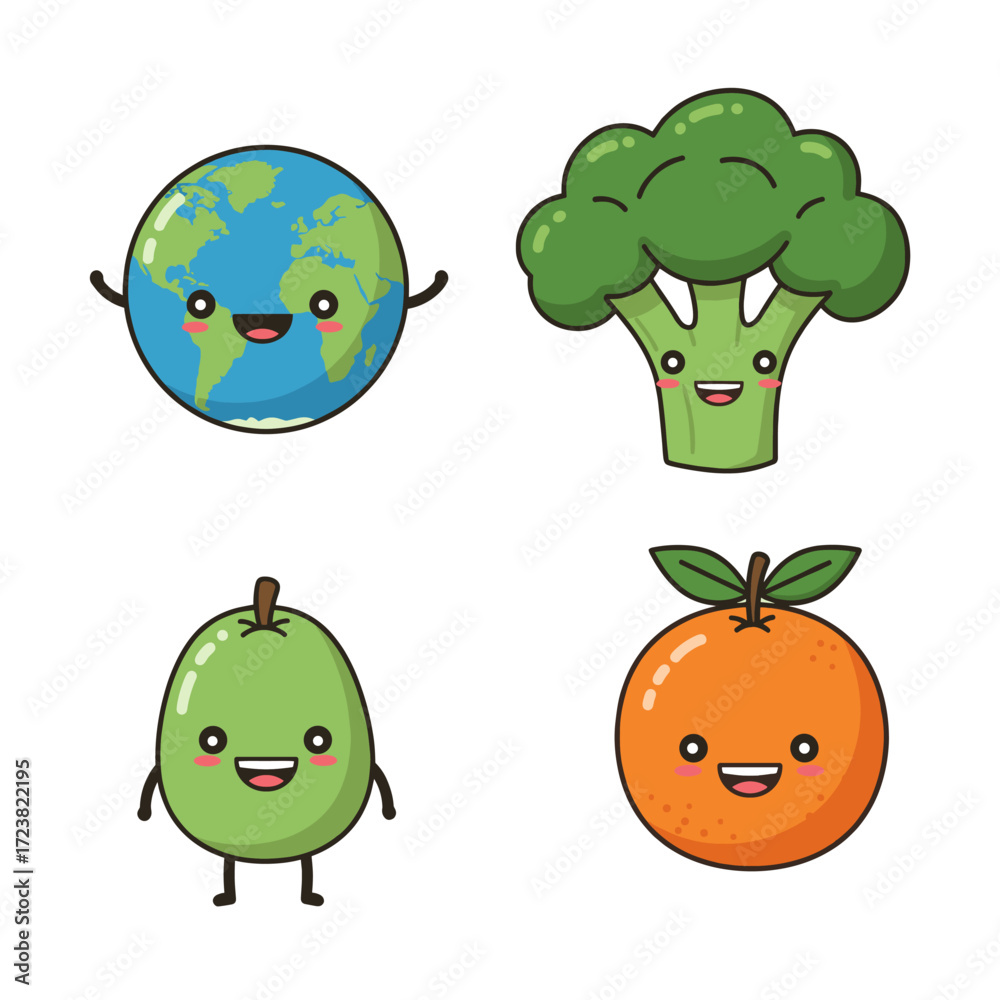 Obraz premium Cute cartoon earth, broccoli, guava, and orange characters on a white background.