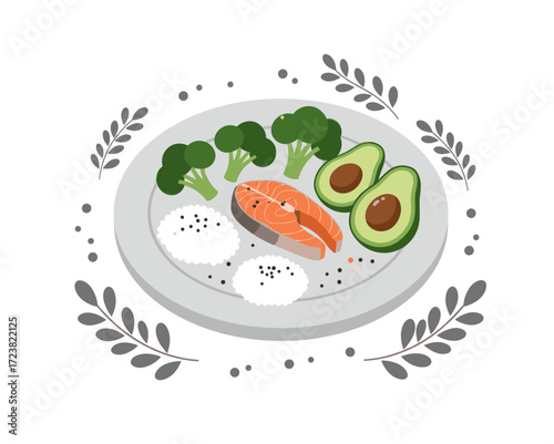 Plate with salmon steak, avocado, broccoli, and rice. Healthy food concept vector.