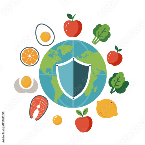 World globe with fruits, vegetables, fish, eggs and shield. Healthy diet concept.