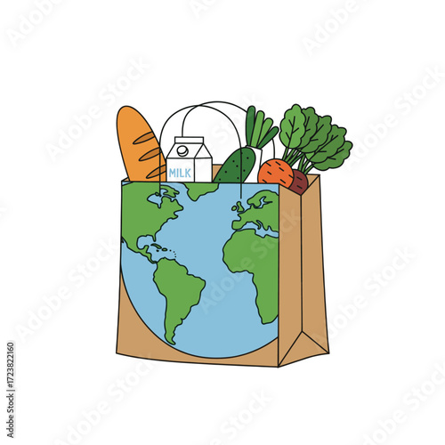 Paper bag with earth map filled with bread, milk, cucumber, and carrots. Vector.