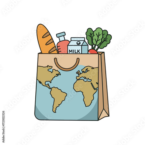 Groceries in shopping bag with world map. Food delivery and global trade concept.