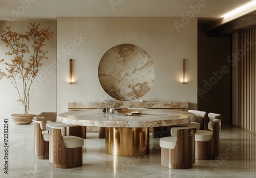 Elegant Dining Room With Marble Table and Modern Decor in Warm Neutral Tones