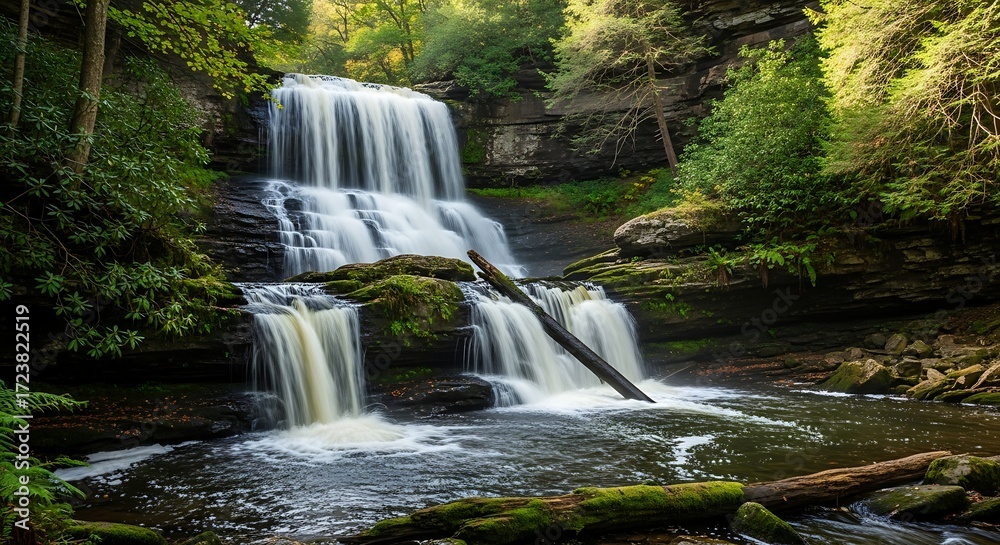 Fototapeta premium Majestic Waterfall Cascading Down Rocky Terrain in Lush Forest.