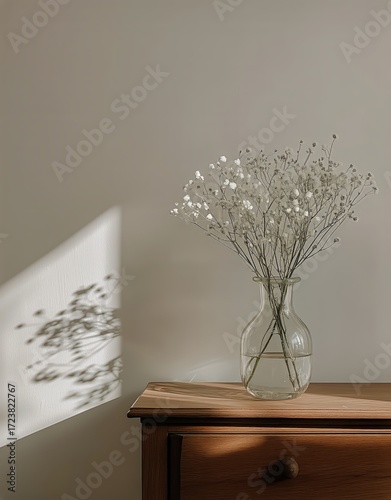 Decorative Flower Arrangement in a Glass Vase on Wooden Dresser in a Serene R...