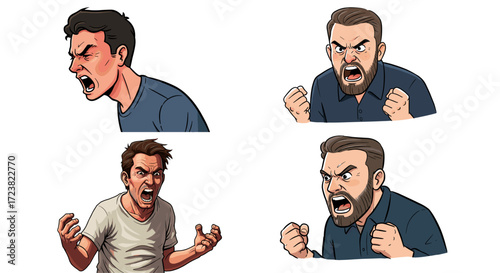 Four Diverse Men Expressing Intense Anger and Frustration in Pixel Art Style Isolated on Transparent Background