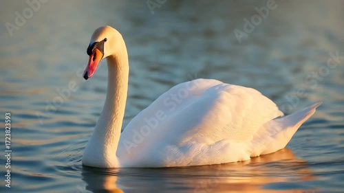 A beautiful swan swims effortlessly on still water as the sun sets in the background, creating a tranquil atmosphere in the park. It's a peaceful moment in nature