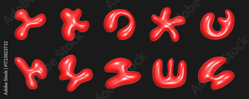 Colorful arrangement of abstract 3d liquid shapes with a glossy, reflective texture. The smooth forms create a striking visual contrast against a dark background, highlighting their unique designs.