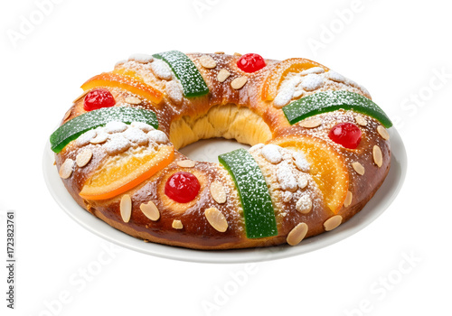 Rosca de Reyes a ringshaped bread is adorned with candied fruits almonds and powdered sugar served on a white plate on white or transparent background