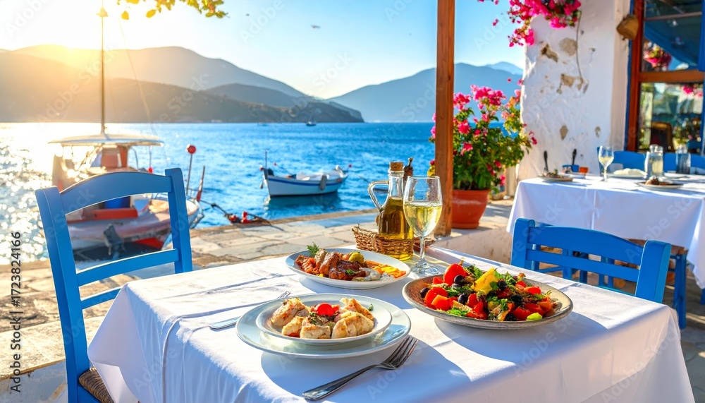 Fototapeta premium Greek seaside tavern table set on a sunny port with traditional food