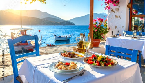 Greek seaside tavern table set on a sunny port with traditional food