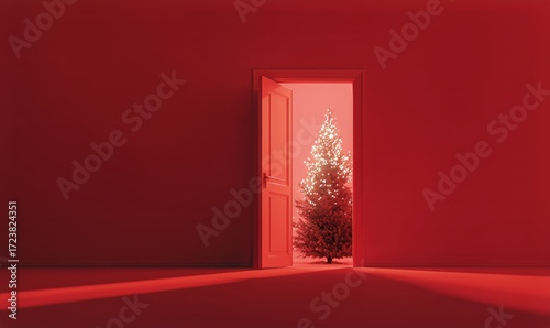Warm Red Glow Surrounds a Christmas Tree Visible Through an Open Door in a Si...