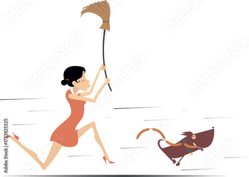Angry woman with broom and dog stealing sausages.
Angry woman with a big broom running behind a dog with sausages in its teeth
