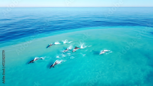 Pod of dolphins swimming in clear turquoise water from above