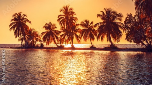 Tropical sunset with golden reflections on calm ocean water and silhouettes of palm trees for serene seascape and travel concept