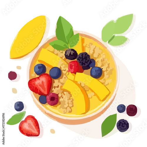 Flat 2D illustration of a mango smoothie bowl topped with sliced mango, granola, and berries, minimal vector style, white background
