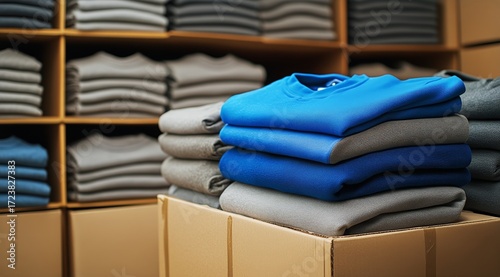 Clothing Display With Neatly Stacked Sweaters in a Retail Store Environment D...
