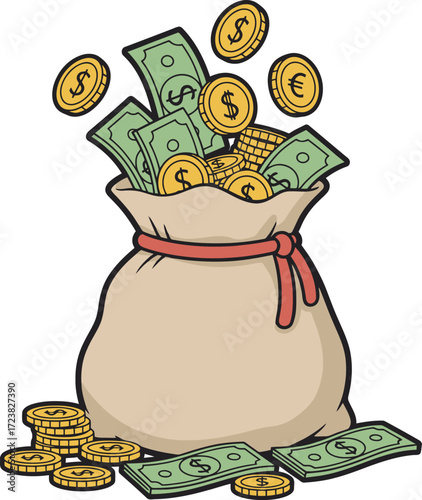 A cartoon depiction of a money bag overflowing with cash and coins.