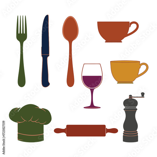 Culinary elegance with colorful kitchenware, perfect for adding a touch of warmth to your cooking-themed project or design, inspiring creativity and deliciousness