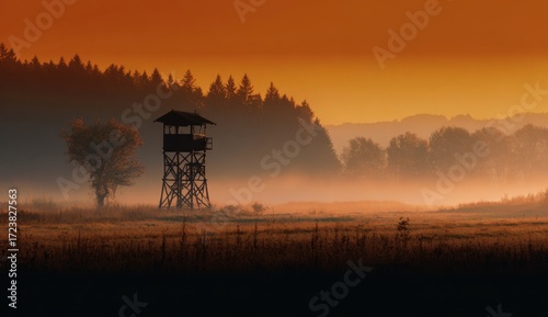 Sunrise over a misty meadow with a hunting tower