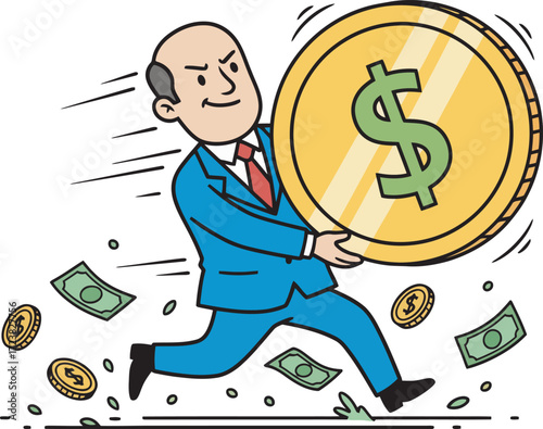 A businessman swiftly carries a giant gold dollar coin, surrounded by falling money.