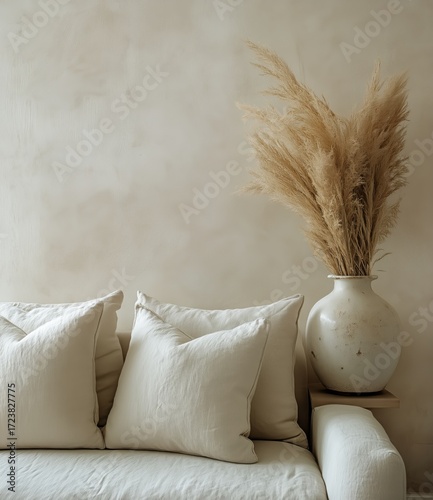 Cozy Living Room With Neutral Decor and Decorative Flowers in a Vase