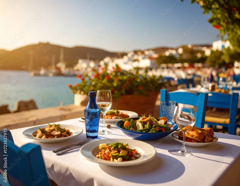 Fototapeta premium Greek seaside tavern table set on a sunny port with traditional food