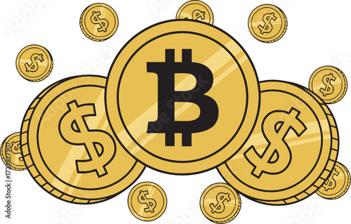 Bitcoin and dollar coins intermingled, illustrating cryptocurrency and traditional finance.