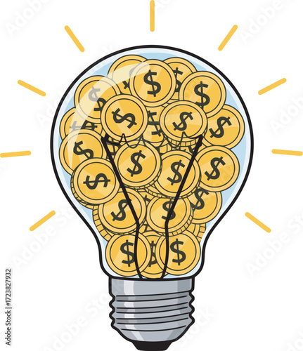 A lightbulb filled with money, symbolizing financial ideas and success.