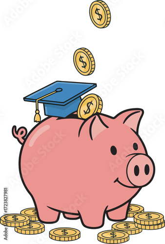 A pink piggy bank wearing a graduation cap, with coins falling into it.