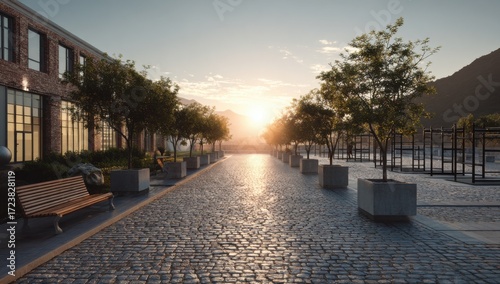 Urban walkway at sunrise
