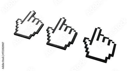 Three pixelated hand cursors isolated on transparent background