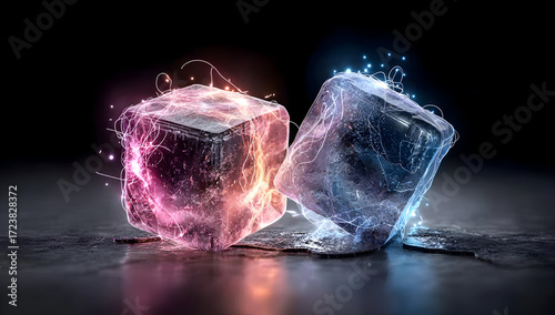 Two glowing ice cubes with colorful light reflections on a dark surface.