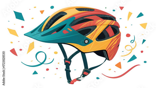 Colorful mountain bike helmet with visor and straps, isolated on transparent background with confetti