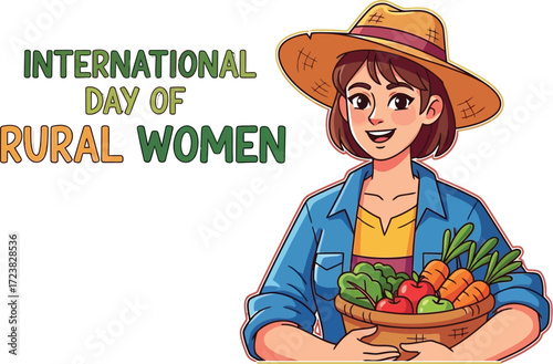 Vector art of woman holding basket of vegetables with text International Day of Rural Women