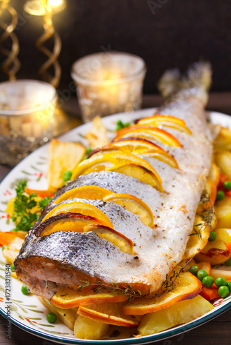 Roasted salmon with lemon, oranges and herbs served with vegetables on oval plate