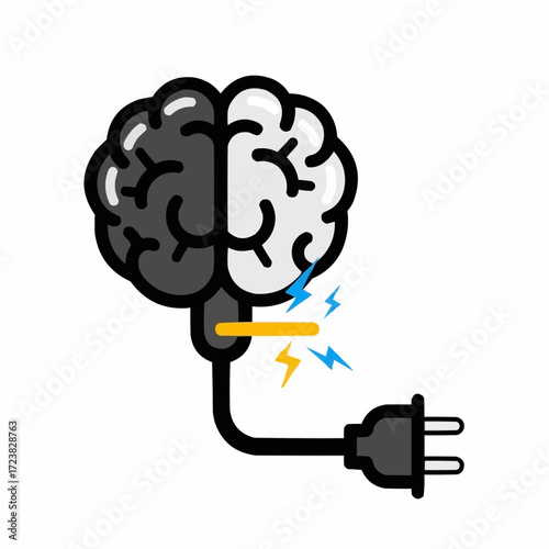 Creative vector illustration of a brain connected to an electrical plug power source