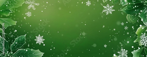 Beautiful Winter Background With Snowflakes and Green Leaves Decorated for th...