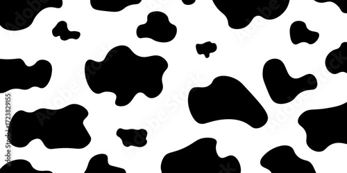 Seamless textured cow pattern. Vector long abstract background with repeating black hand-drawn spots on a white background. Vector monochrome texture.