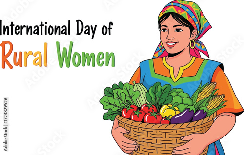 Vector art of woman holding basket of fresh vegetables for International Day of Rural Women